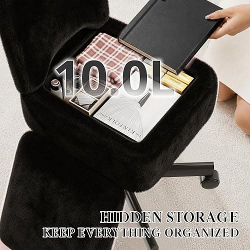 Kawest Black Rolling Vanity Chair with Storage and Adjustable Height | 360° rolling casters, adjustable height, soft faux fur, padded backrest and hidden storage for flexible beauty routines thumbnail 3