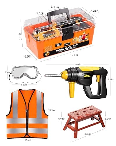 Deejoy Tool Set with Tool Box & Electronic Toy Drill, Pretend Play Kids Construction Kits for Kids Ages 3-5 Years Old, Toddler Boy Toys(Orange) thumbnail 2