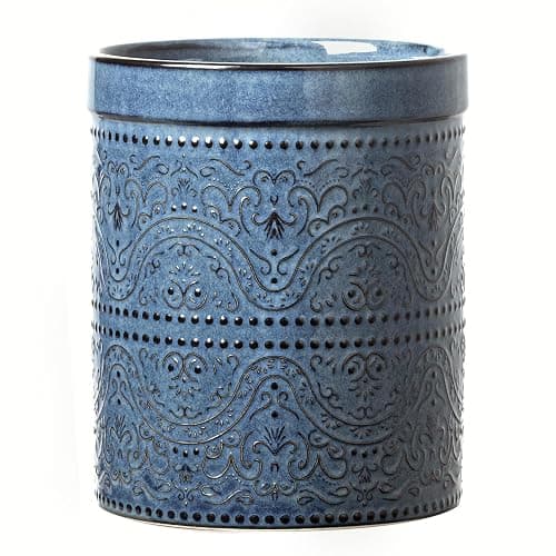 MIKIGEY Kitchen Utensil Holder, 7 Inches Large Ceramic Utensil Holder for Countertop, Lace Emboss Cooking Utensil Crocks for Kitchen, Home Decor, Reactive Blue - Image 1
