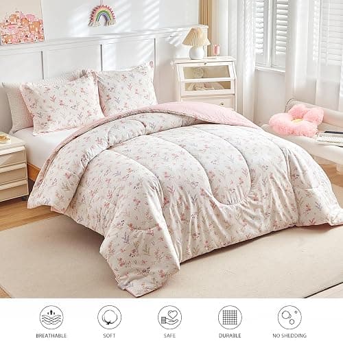 Joyreap 3pcs Cotton Comforter Set for Girls, Pink Floral Design, Twin Size Soft n Cozy Bedding Comforter Set for All Season- 68x88 inches thumbnail 2