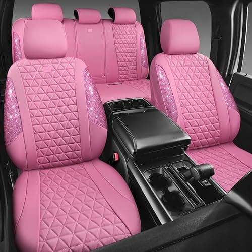 CAR PASS Bling Diamond Pink Leather Car Seat Covers Full Sets Interior Sets, Waterproof Shining Glitter Sparkly Crystal Universal Armrest Fit for Automotive Truck SUV Cute Women Girl, Pink Rhinestone thumbnail 2