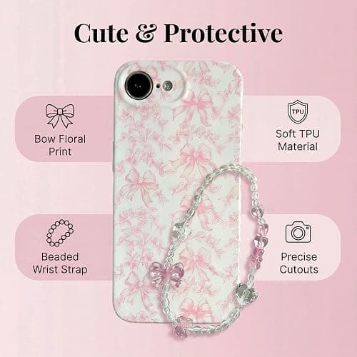 Jzzeuose Phone Case for iPhone 17e/16e with Beaded Wristlet, Pink Bow Floral Cute Soft TPU Protective Case for Women Girls, Anti-Scratch Shockproof Slim Cover thumbnail 9