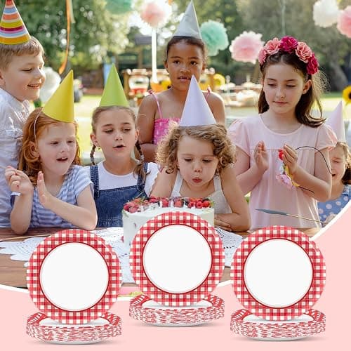 Naozinebi 100pcs 7inch Red and White Plates Checkered Plaid Tableware Baby Shower Red Dessert Disposable paper Dinnerware for Picnic Barbecue Baby Shower Birthday Party Decorations thumbnail 2