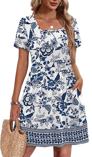 OFEEFAN Womens Summer Dresses 2025 Short Sleeve Square Neck Casual Sundresses with Pockets A-Line Color Block thumbnail 3