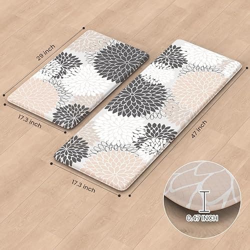 Kitchen Rugs and Mats Cushioned Anti Fatigue Kitchen Mat 2PCS Non-Skid Waterproof Boho Kitchen Runner Rug Comfort Foam Standing Mat for Office,Laundry,Kitchen Sink,Grey Floral thumbnail 4