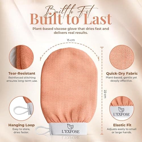 L'Exfose Kessa Hammam Deep Exfoliating Glove 2pc - Korean Exfoliating Mitt for Shower Ideal for Dead Skin Remover, Keratosis Pilaris & Self-Tanning to Improve Skin Tone Made with 100% Natural Viscose thumbnail 6