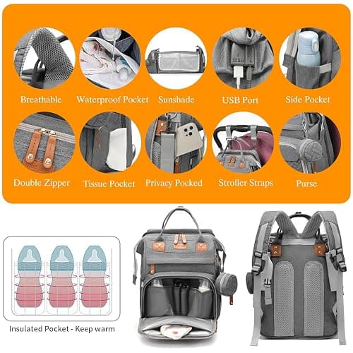 Astro alan Baby Diaper Bags with Changing Station, Waterproof Diaper Bag Backpack for Moms Dads with USB Charging Port, Baby Shower Gifts, Large Capacity diaper backpack, Grey thumbnail 6