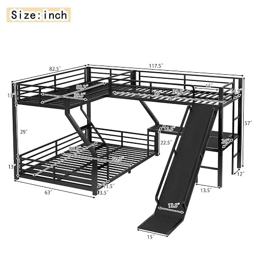 Bellemave Triple Bunk Beds, L-Shape Twin XL Over Queen Bunk Bed Attached a Loft Bed with Desk, Triple Bunk Bed with Slide and USB Ports, Metal Corner Bunkbed Frame for Three Boys Girls Teens, Black thumbnail 2