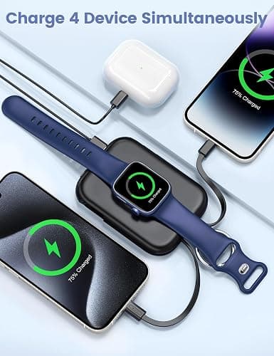 RORRY Portable Charger, 5000mAh Portable Charger Power Bank with Built-in Cables, Travel Keychain Battery Pack for Apple Watch Ultra/11/10/9/8/7/6/SE, iPhone Air/17/16/15/14/13/12, Black thumbnail 4
