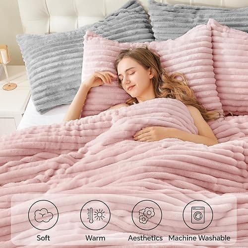 BEDELITE Fleece Queen Comforter Set -Super Soft & Warm Fluffy Pink Bedding, Luxury Fuzzy Heavy Bed Set for Winter with 2 Pillow Cases thumbnail 3
