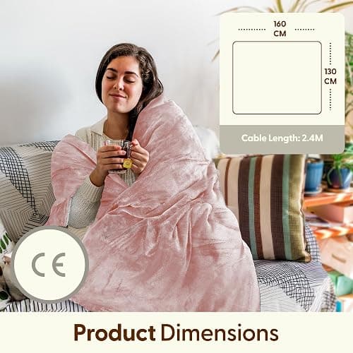 KEPLIN Large Electric Heated Throw Blanket - Electric Heated Blanket Throw for Bedspread 9 Heat Settings & Timer, Machine Washable Fleece Wool Duvet with 1 Year Warranty - Blush/Cream Sherpa thumbnail 2