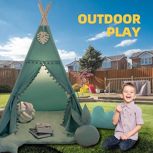 RONGFA Teepee Tent for Kids with Mat, Star Lights, Carry Case, Cotton Canvas Playhouse, Foldable Tents, Portable Children Play Tent Indoor Outdoor (Jewelry Blue) thumbnail 7