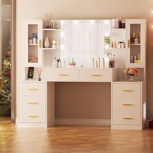 ANWBROAD Große Schminktisch mit verstellbaren 3 Farben LED-Beleuchtung und Steckdosen Modern Weiß Schminktisch mit Spiegel 8 Schubladen Frisiertisch 150x135x40cm BDT67W thumbnail 8