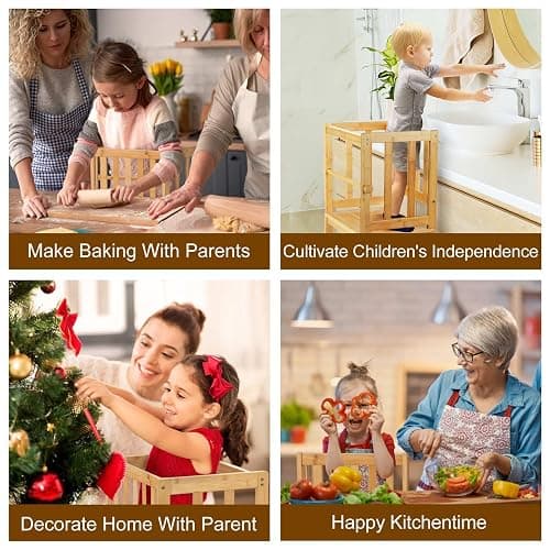COSYLAND Kids Kitchen Step Stool，Toddler Standing Tower with CPC Certification, Removable Anti-Drop Railing Safety Rail Unique Patented Design Anti-tip Structure More Stable, 1.5-3 yrs Natural Bamboo thumbnail 7