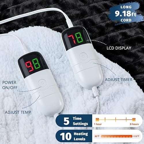 Heated Electric Blanket Queen Size - 84" x 90" Heating Blanket with Dual Control, 10 Heating Levels & 8 Hours Auto Off, Soft Warm Flannel Blanket, Christmas Birthday Gifts for Senior Grandma thumbnail 3