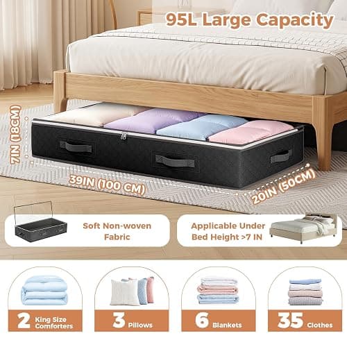 Budding Joy 95L Under Bed Storage, 4 Pack Closet Organizers Black | Underbed Storage Bags for Blankets, Towels, Comforter, Sweaters, Linen Sheets, Wrapping Paper thumbnail 3