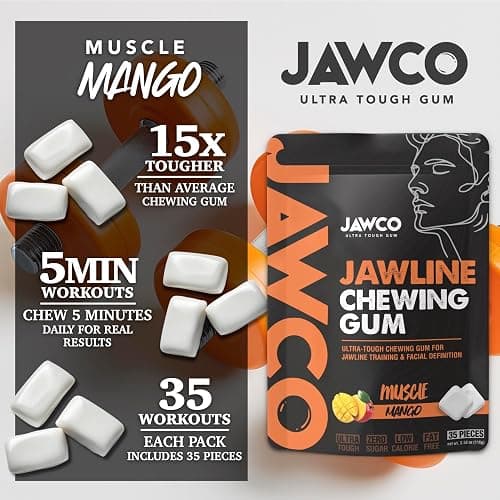 JAWCO Ultra-tough Jawline Chewing Gum | Get a Stronger, Squarer Jawline | Sugar-Free Jaw Training Hard Gum | Chisel, Sculpt, & Tone | 15X Hardness | Facial Fitness Mewing Gum | Muscle Mango (1-Pack) thumbnail 3