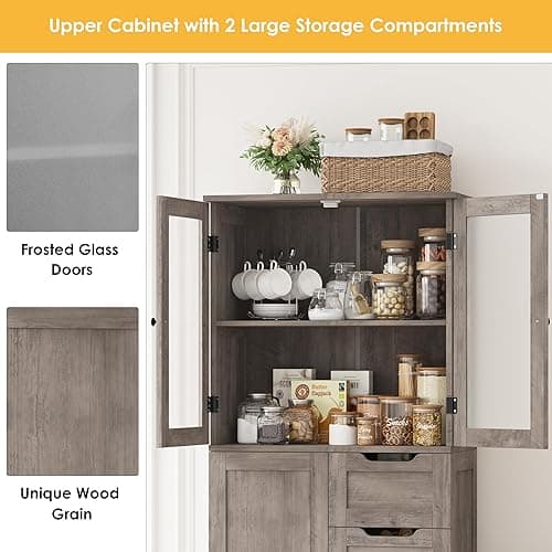 BOTLOG 67'' Tall Bathroom Storage Cabinet, Linen Cabinet with Glass Doors and Adjustable Shelves, Kitchen Pantry with 2 Drawers for Bathroom, Living Room, Dining Room, Rustic Grey thumbnail 9