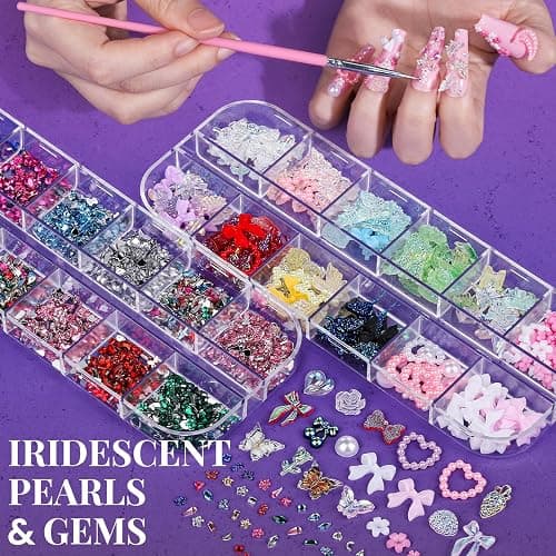 FANDAMEI Nail Art Brushes, Nail Art Kit with 15 Pcs Nail Art Brush, 5 Pcs Dotting Tools, 6 Box Nail Charms and Gems, 10 Sheet Flower Nail Stickers, Complete Nail Decoration Art with Nail Art Brushes thumbnail 3