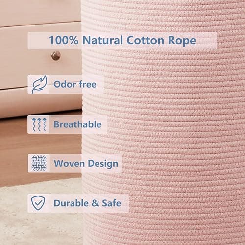 MOJOSCEND 80L Extra Large Pink Hamper Laundry Basket for Baby Girls Tall Nursery Hamper for Kids Woven Rope Clothes Basket for Little Girls Room Bedroom Light Pink Kawaii Tall Laundry Bin thumbnail 8