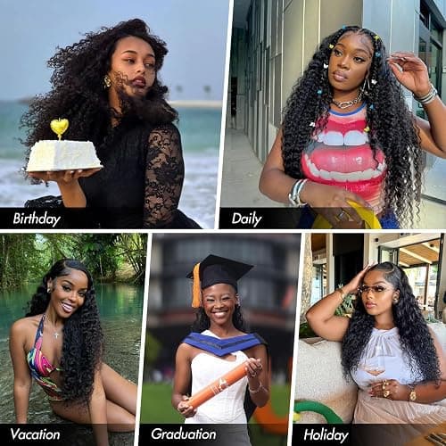 18 Inch Women's Real Hair Wig,Deep Wave Human hair Wig,200 Density 13X4 HD Transparent Lace Front Glueless Wigs For Black Women Pre Plucked,Natural Black Curly echthaar perücke (46cm) thumbnail 7