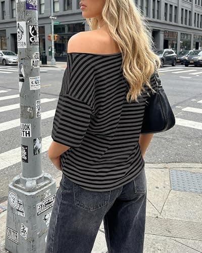 Cioatin Women Oversized Off Shoulder Striped Tee Tops Y2K Aesthetic Clean Fit Short Sleeve Tshirt Pullover Preppy Going Out thumbnail 3