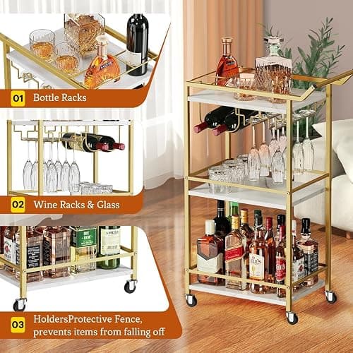 3 Tier Bar Cart Mini Liquor Utility Cart for Wine Beverage Dinner Party | Rolling Wine Coffee Drink Serving Cart with Lockable Wheels for Home Kitchen Bars (Gold) thumbnail 5