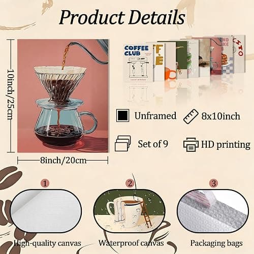 XYHYRA Coffee Wall Art Set of 9, Vintage Coffee Bar Canvas Prints Poster, Cafe Club Matcha Latte Pancake Kitchen Artwork Wall Decor for Coffee Bar Dining Room Home Decor 8x10 Inch Unframed thumbnail 3