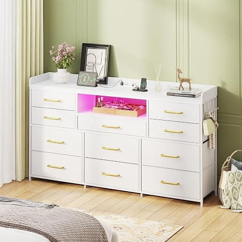 EnHomee LED Dresser for Bedroom with Charging Station,11 Drawers & 4 Hooks | Dresser TV Stand for 50 55 60 inch TVs for Living room,Storage Chests of Drawers with 2 Wood Shelve,White PU Leather thumbnail 8