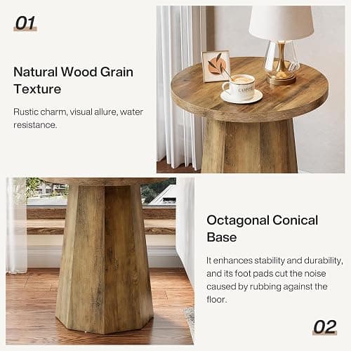 Tribesigns Farmhouse Round End Table, Wooden Couch Side Table with Octagonal Base, Rustic Brown Nightstand Pedestal Accent Furniture for Living Room, Bedroom (2) thumbnail 4