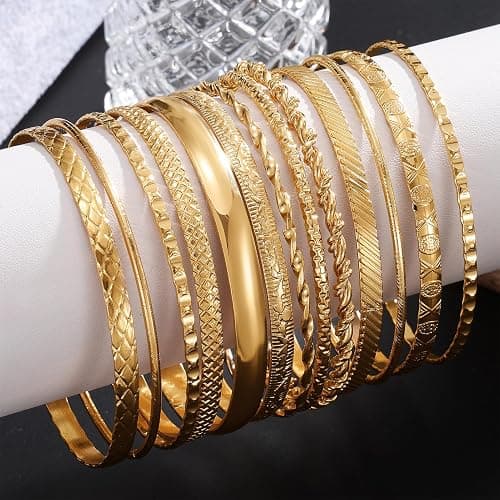 17IF Gold Bangle Bracelet For Women, 14k Multilayer Charm Textured Stackable Bracelets Boho Indian Chunky Cuff Fashion Jewelry Gift thumbnail 5