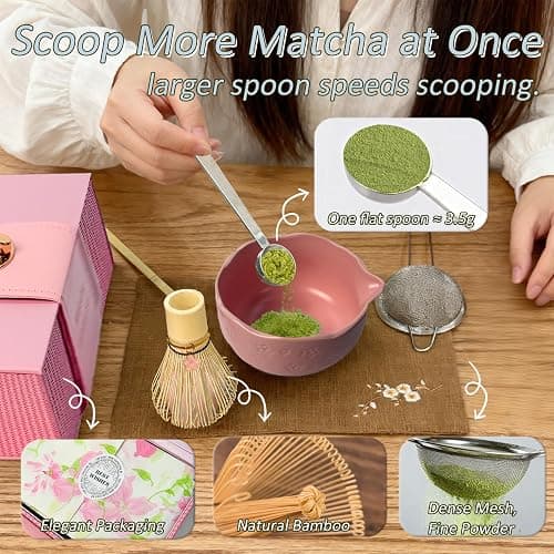 GZIXBDA 8Pcs Matcha Whisk Set, Matcha Set Includes Ceramic Matcha Bowl, Whisk and Holder, Bamboo Scoop, Scoop Rest, Sifter, Measuring Spoons and Tea Towel Tea Kit Gift Set for Women (Pink) thumbnail 4