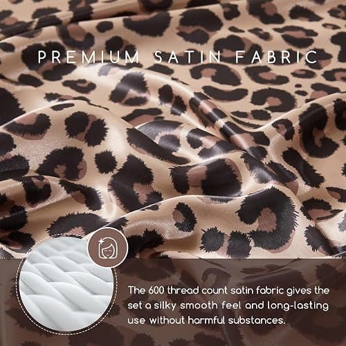 MR&HM Satin Bed Sheets with Elastic Corner Straps, Queen Size Sheets Set, 6 Pcs Silky Bedding Set with 15 Inches Deep Pocket for Mattress (Queen, Brown Leopard) thumbnail 3