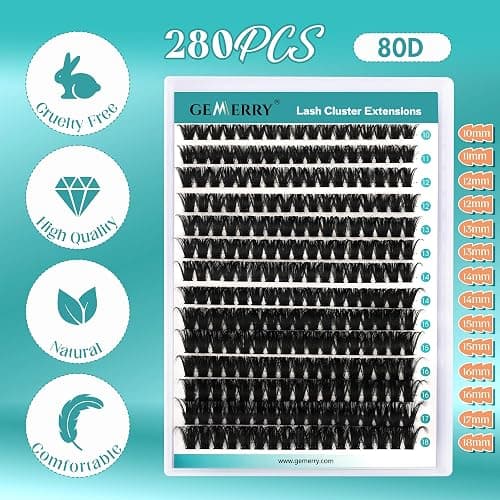 GEMERRY Lash Clusters D Curl 280pcs 80D 280 PCS 10-18MIX for Beginners | Wispy Natural Lash Clusters Individual Eyelash Extensions Soft Thin Band Fluffy Volume Reusable Handmade DIY at Home Beginner thumbnail 2