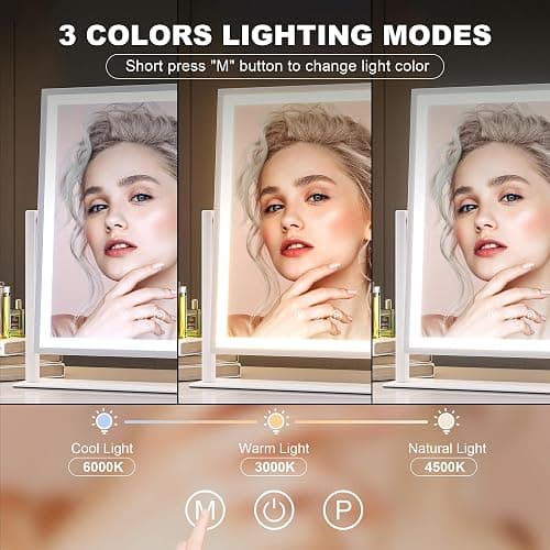 Hasipu Vanity Mirror with Lights, 12" x 14" LED Makeup Mirror, Light up Mirror with Smart Touch 3 Color Modes and Brightness Adjustment, 10X Magnifying Glass,360° Rotation thumbnail 4