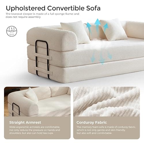 79" Convertible Sofa Bed with Fixed-Shape Frame & Removable Armrests, Modular Corduroy Sleeper Sofa, Folding Mattress Couch for Small Spaces - No Assembly Needed in White (Includes 2 Pillows) - White thumbnail 7