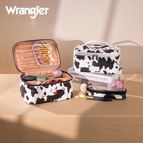 Montana West X Wrangler Travel Makeup Bag 2pcs Set Large Cosmetic Bag with Makeup Brush Holder Portable Make Up Organizer Cute Toiletry Bag with Divider and Handle for Women thumbnail 6