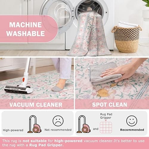 Beeiva Boho Washable Rugs 5x7, Pink Area Rug Carpet for Bedroom, Non Slip Butterfly Bedroom Rug with Low Pile, Distressed Ultra-Thin Floral Indoor Floor Carpet for Nursery (Pink,5'x7') thumbnail 4