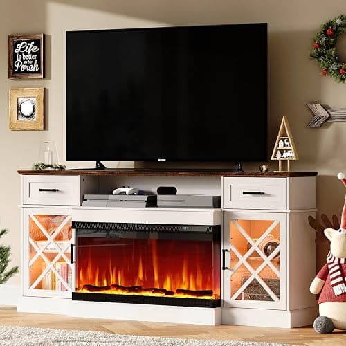 AMERLIFE Farmhouse LED Fireplace TV Stand with 3-Sided Glass Fireplace, 70" Large Entertainment Center for TVs up to 80", Rustic TV Console with Glass Door Storage for Living Room, Barnwood+White - Image 1
