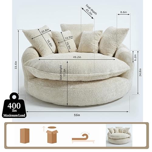 Gfovixo 55 inch Oversized Round Chair, Fluffy Chenille Boneless Sofa with Extra Deep Seat for Living Room Lounge (Beige) thumbnail 2
