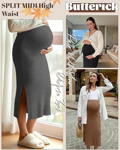 Neer 3 Pack Women's Maternity Skirts, Split Midi High Waist Ribbed Knit Solid Stretchy Pregnancy Pencil Long Skirt Clothes thumbnail 2