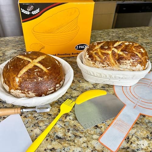 Banneton Basket Set of 2, 10" Oval & 9.7" Round Banneton Bread Proofing Basket with Liners, Bread Lame, Silicone Baking Mat, Danish Whisk, Brush, Proofing Bowls Sourdough Starter Kit Tools thumbnail 2