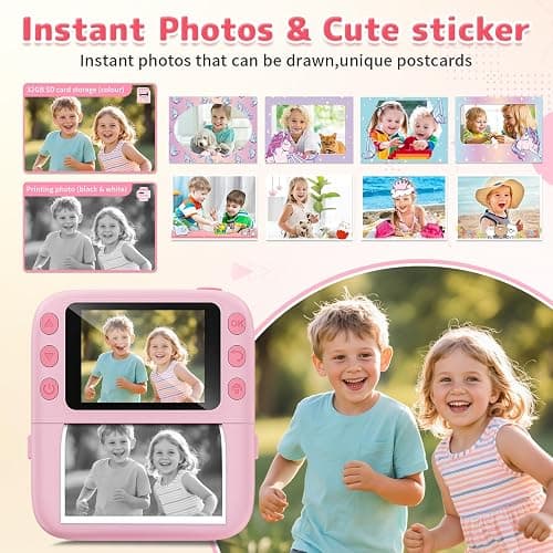 Instant Print Camera for Kids, Christmas Birthday Gifts for Girls Boys, 1080P Instant Digital Print Cameras for Toddler,Portable Toy for 4 5 6 7 8 9 10 Year Old Girl with 32GB SD Card，Pink thumbnail 3