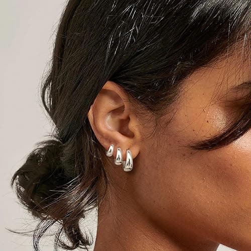 BESTEEL 3Pairs 14K Gold Plated Hoop Earrings Set for Women Chunky Earring Silver Plated Hypoallergenic Small Huggie Hoops Lightweight Tiny Thick Trendy Hoop Earrings Stacks for Multiple Piercing thumbnail 7