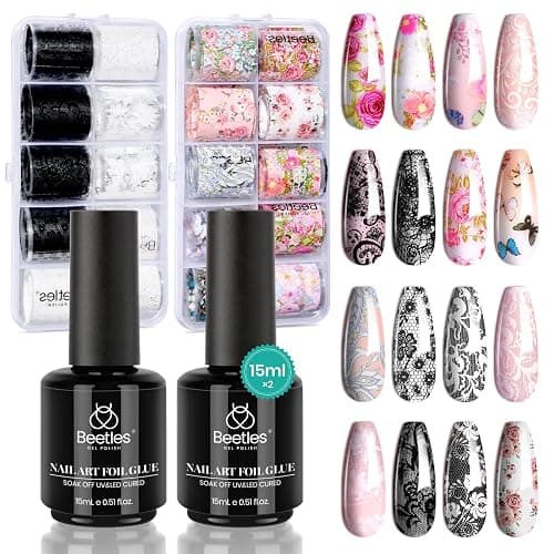 Beetles Nail Foil Glue Gel 2Pcs 15ml with 20 Pcs Lace Flower Butterfly Stickers Transfer White Black Lace Nail Foil Set, LED Lamp Soak Off DIY Manicure Gifts for Women - Image 1