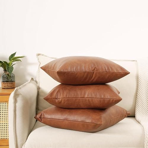 GEGELICA Faux Leather Throw Pillow Covers 18X18 Inch Set of 2 Brown Outdoor Modern Farmhouse Solid Decorative Pillow Covers for Room Couch Living Bedroom Bed Sofa thumbnail 4