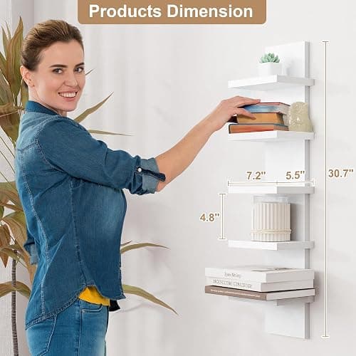 Fun Memories 5 Tier Wall Shelf Unit, White Floating Shelves for Storage - Vertical Column Tower Design, Lack Wall Shelf Space Saving Organizer for Bedroom, Living Room, Home Decor thumbnail 3