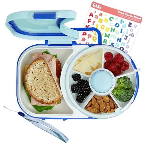 GoBe Kids Lunchbox with Small Snack Spinner Flip - Bundle with Hand Strap & Sticker Sheet, 2-in-1 Bento Style Lunch Container, 5 Small +1 Large Sandwich Compartment, BPA & PVC Free- Macaron Blue - Image 1