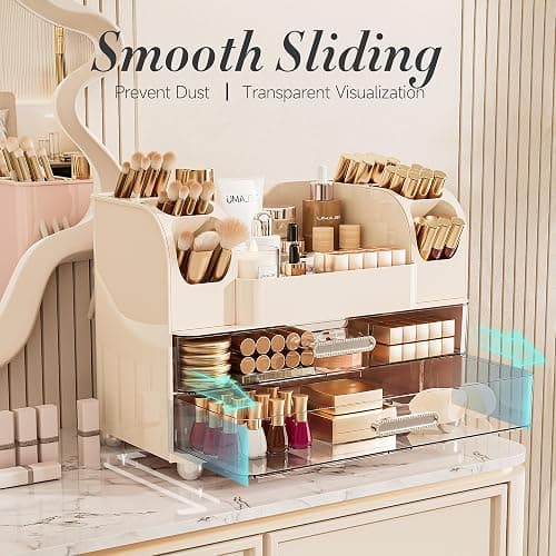Delamu Large Makeup Organizer Countertop with 6 Brush Holders, Cream White | Vanity Organizer with 2 Drawers, Gift for Women & Girls, Holds Perfume, Skincare, Lipstick, Nail Polish & Hair Accessories thumbnail 4