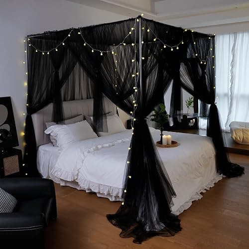 Vpory Canopy Bed Curtains - 4 Corners Post Bed Canopy Curtains for Girls & Adults, Bed Princess Bed Canopy Mosquito Net Bedroom Decoration Accessories - Black, Twin Size - Image 1
